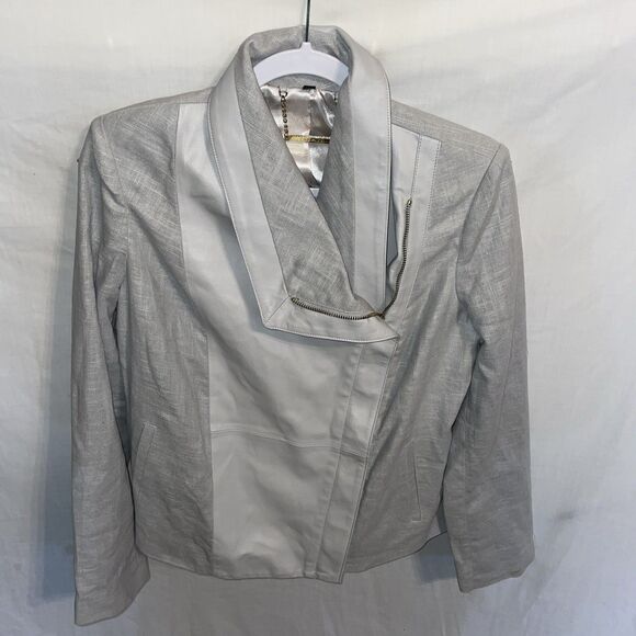 Iman Women’s Dressy Jacket Size Medium Gray Leather / Linen Going Out Party Fun - Picture 1 of 12